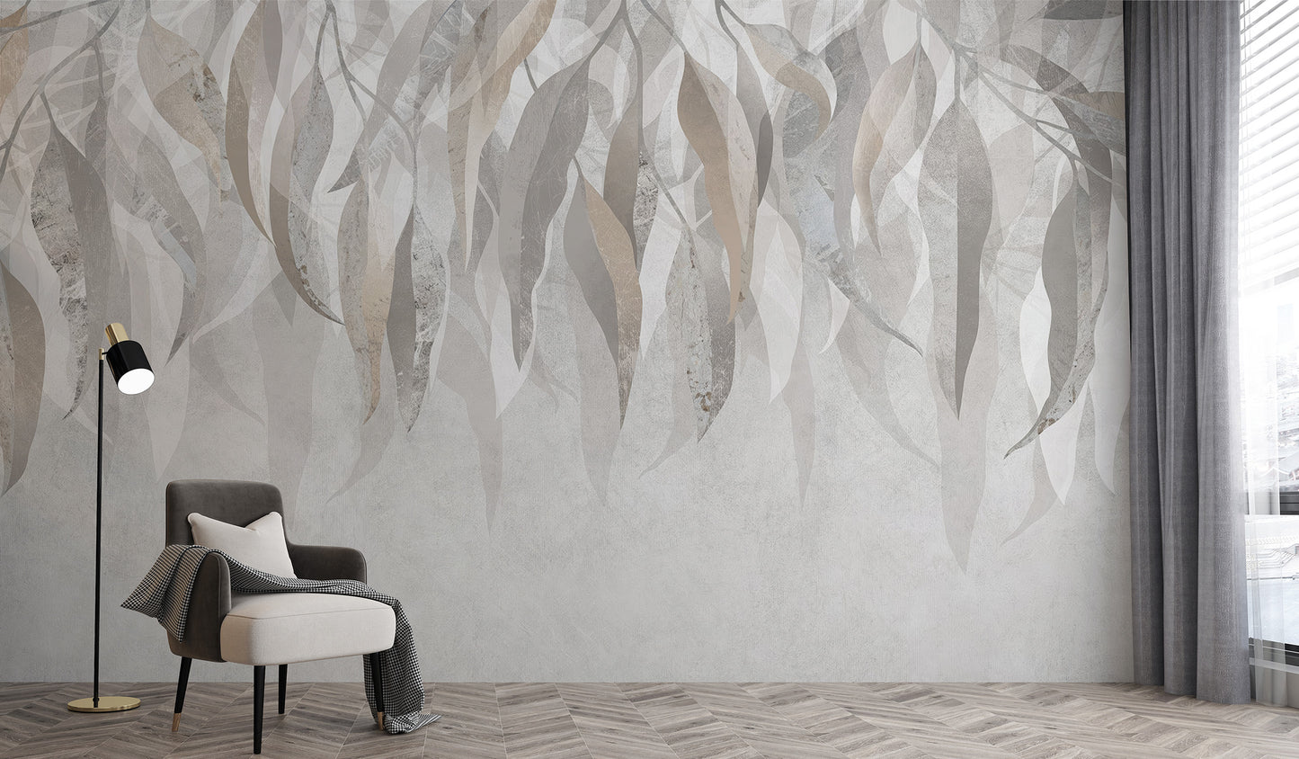 Grunge Gleam wallpaper mural with neutral cascading leaves behind a grey armchair and black floor lamp in a living room