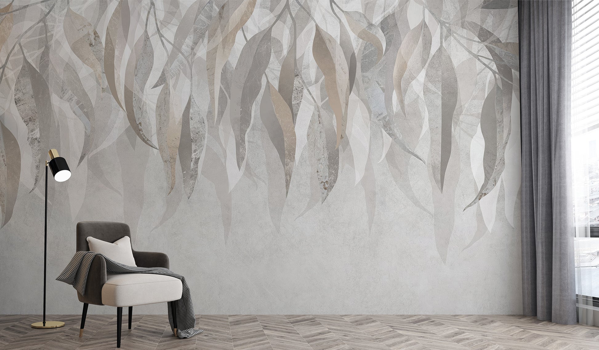 Grunge Gleam wallpaper mural with neutral cascading leaves behind a grey armchair and black floor lamp in a living room