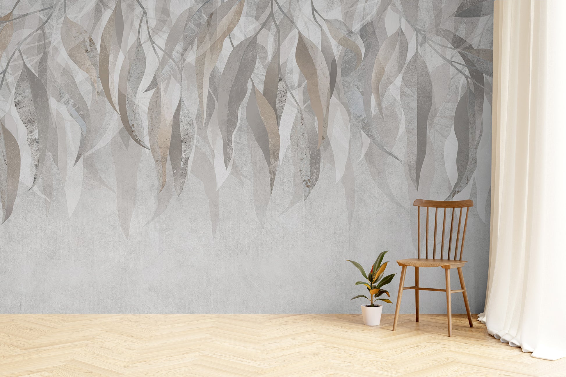 Grunge Gleam wallpaper mural of grey and taupe hanging leaves shown as a full-wall mural with a wooden chair and potted plant