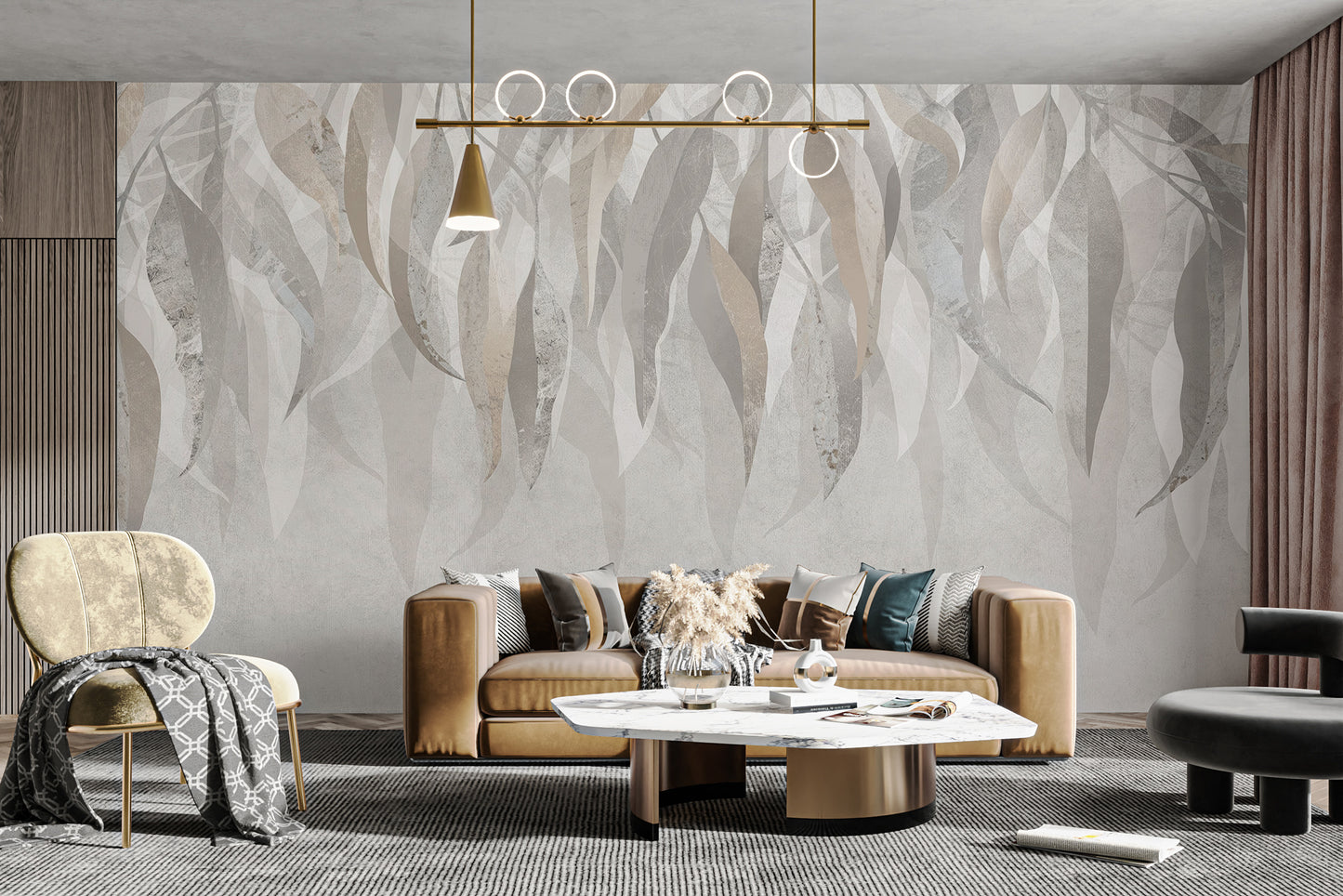 Grunge Gleam wallpaper mural in soft neutral leaves above a camel tan sofa and gold accent chair in a living room