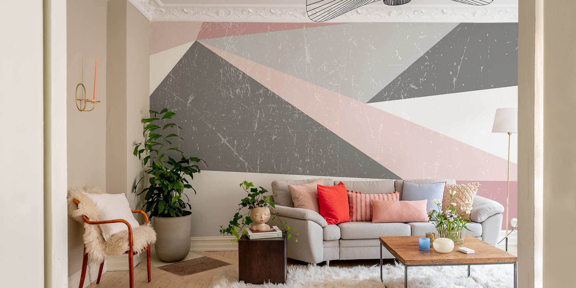 Symmetrical Nordic wallpaper mural with fine grit and scratch details.