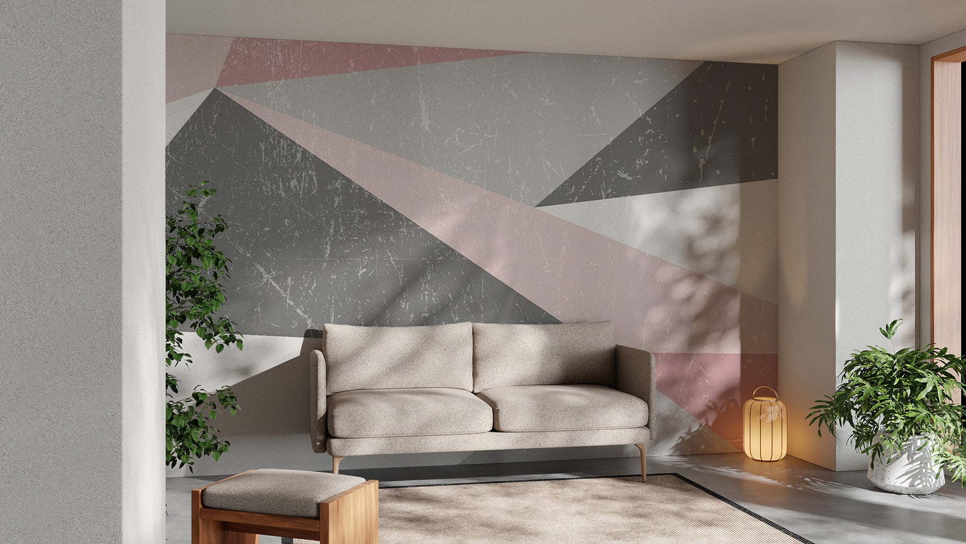 Geometric triangle wall mural in a warm terracotta and beige scheme.