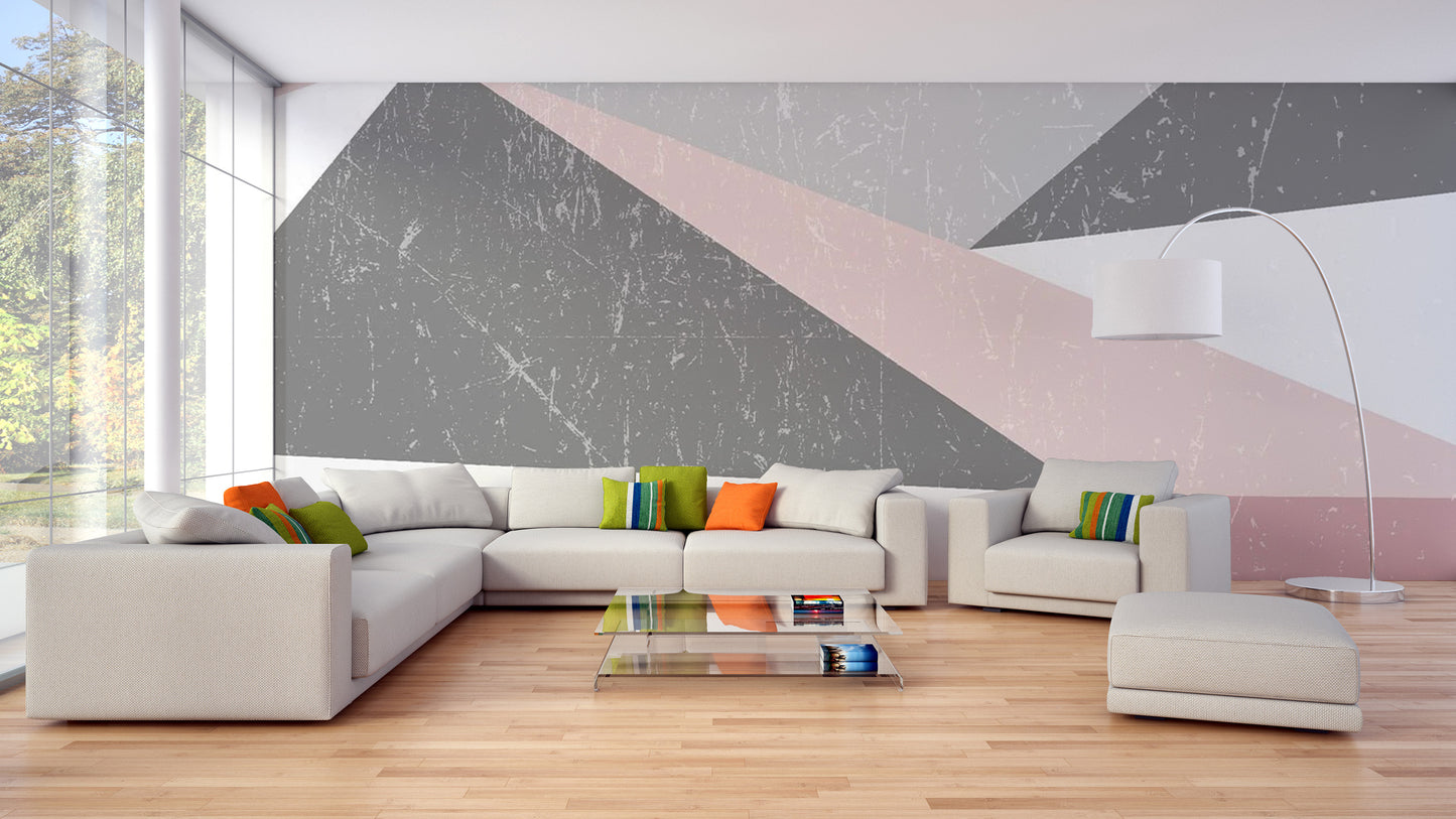 Grunge triangle livingroom wall mural in a neutral cream and sand palette.