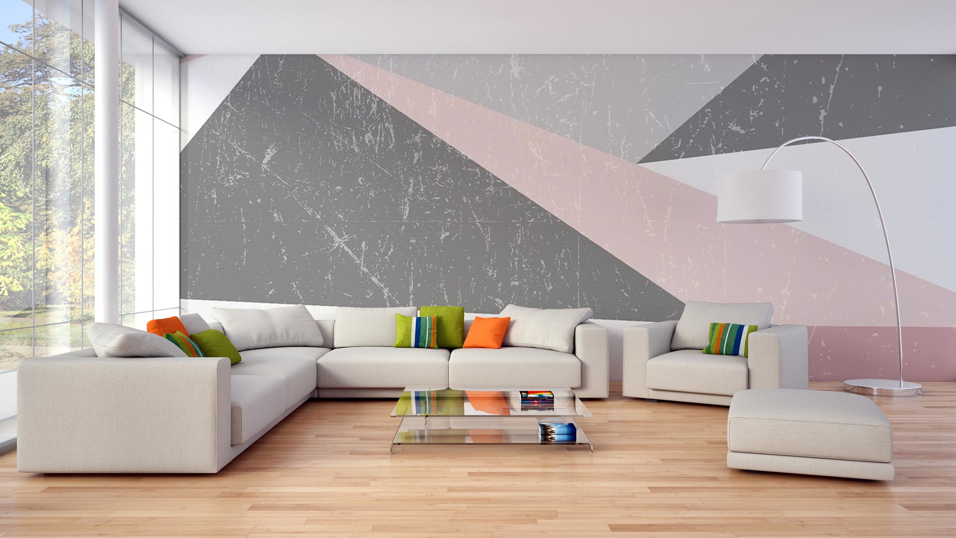 Grunge triangle livingroom wall mural in a neutral cream and sand palette.