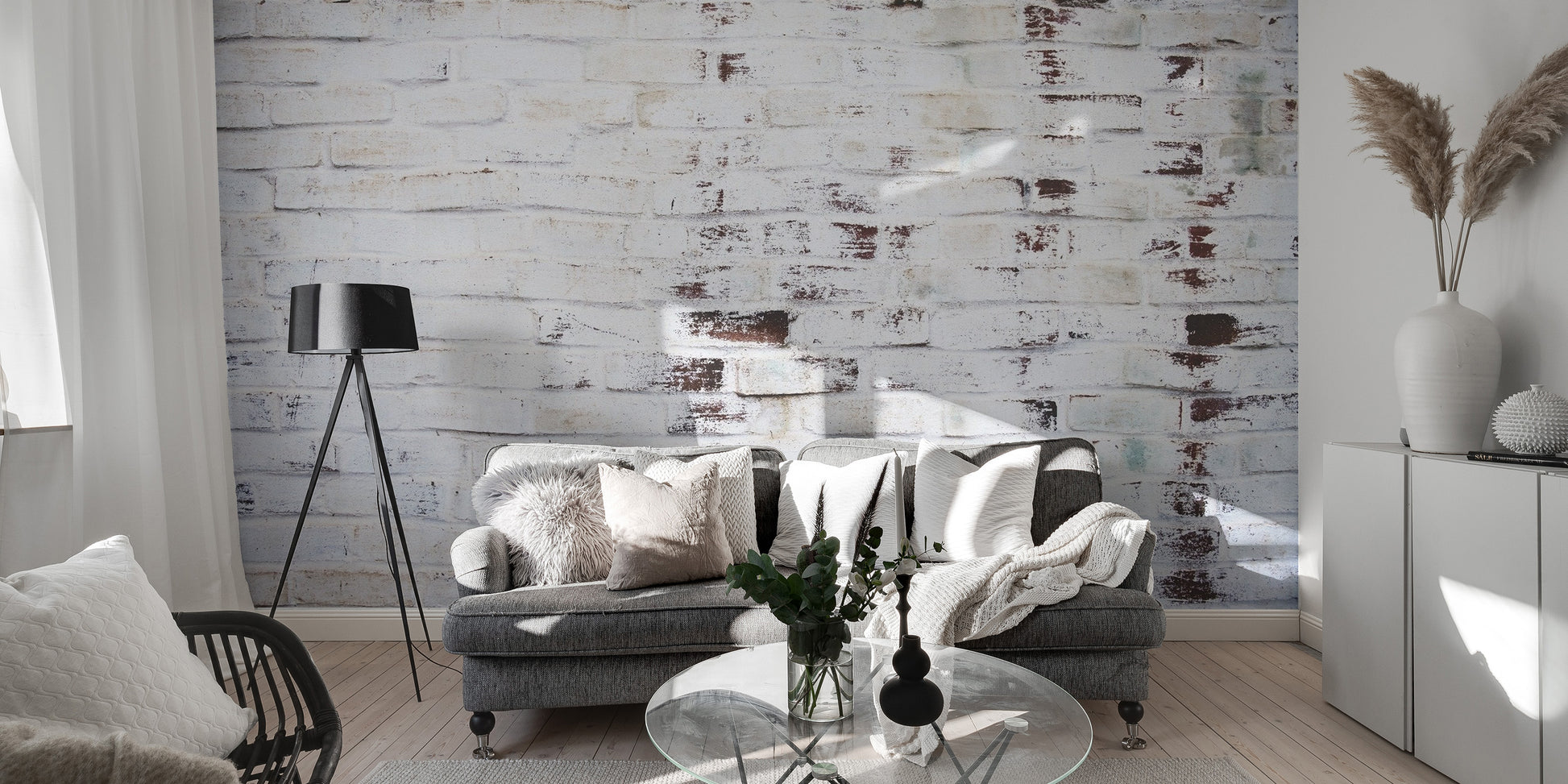 Industrial style hallway wall mural featuring weathered white brick textures.
