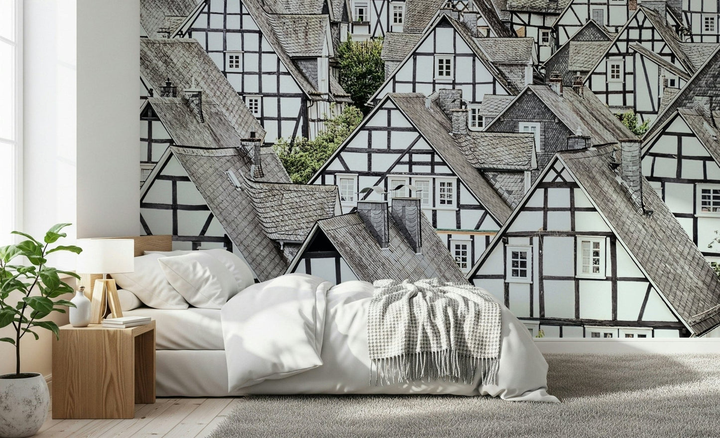 Half-timbered haven mural featuring medieval village style design