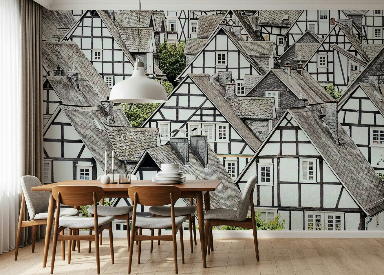 Half-timbered haven wall mural showing classic European house beams