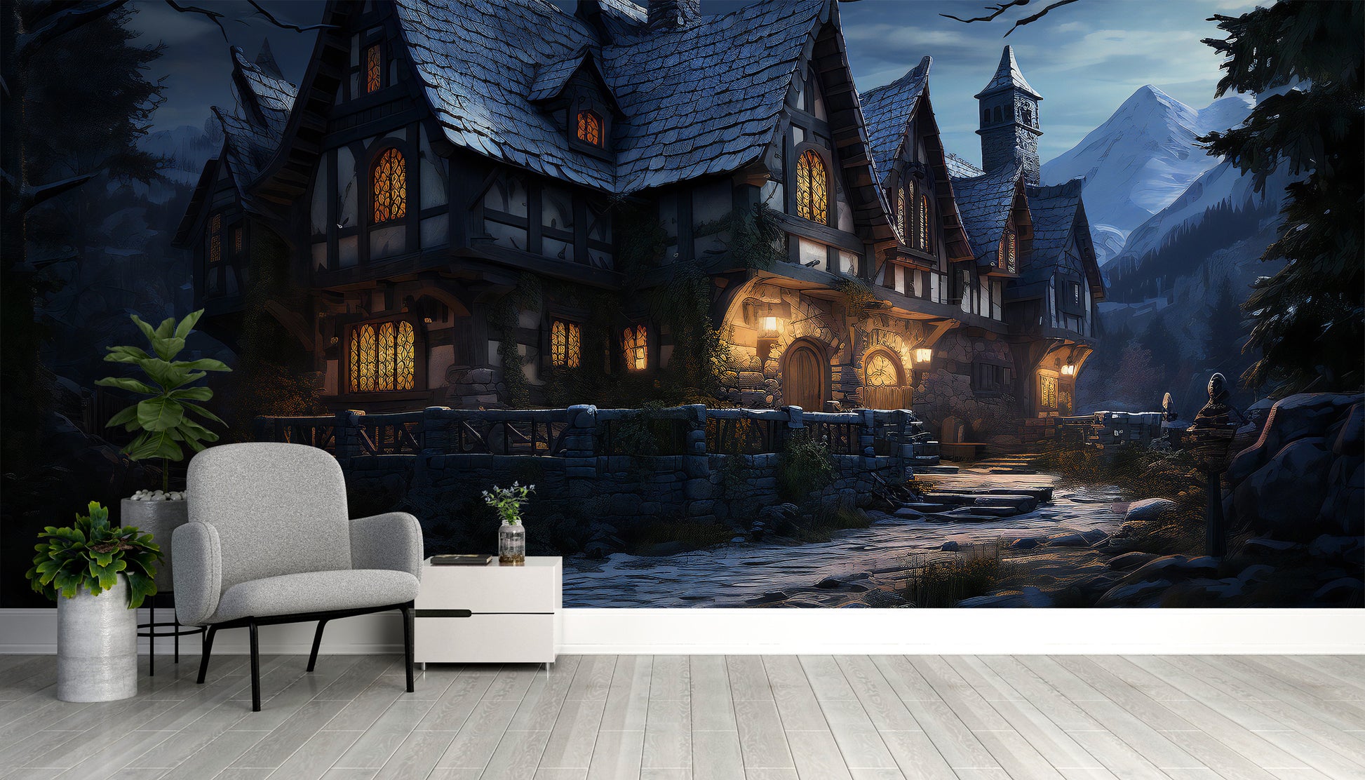 Halloween Haunted Cottage mysterious wall mural.
