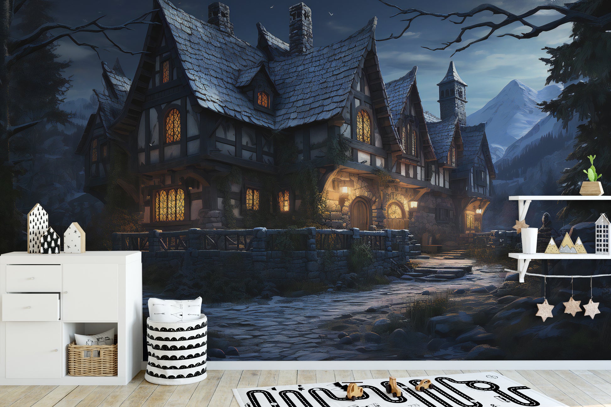 Halloween Haunted Cottage dark wallpaper for walls.