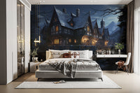 Halloween Haunted Cottage eerie wall mural.
