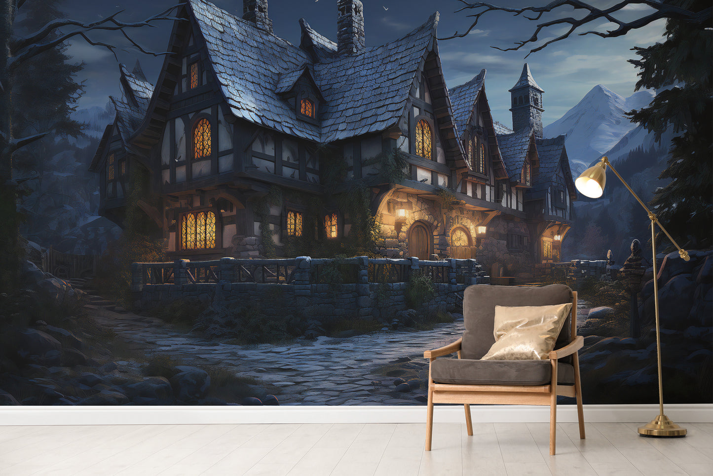 Halloween Haunted Cottage wallpaper showing a moonlit timber manor with glowing windows beside a grey armchair