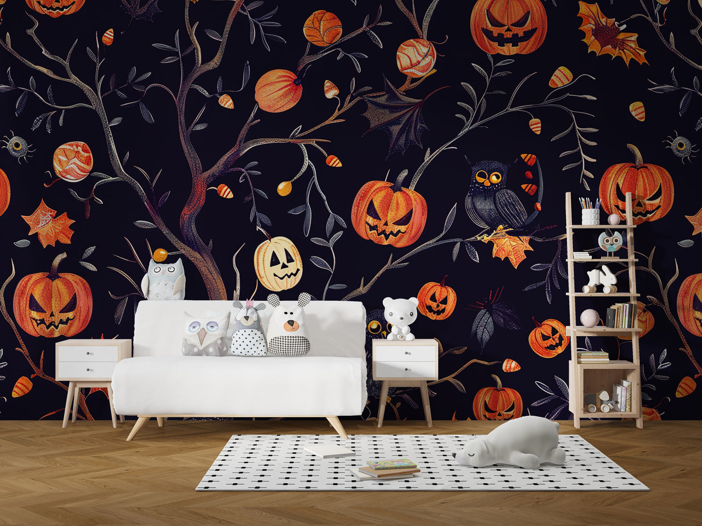Premium canvas Halloween pumpkins owls wall mural in a kids room with toys and a white storage unit for a high-end look.