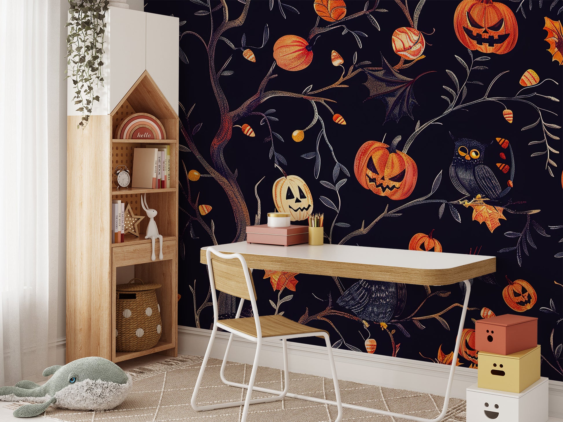 Halloween pumpkins owls wall mural in a home office with a wooden desk, using peel and stick fabric for a creative backdrop.