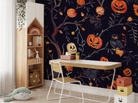Halloween pumpkins owls wall mural in a home office with a wooden desk, using peel and stick fabric for a creative backdrop.