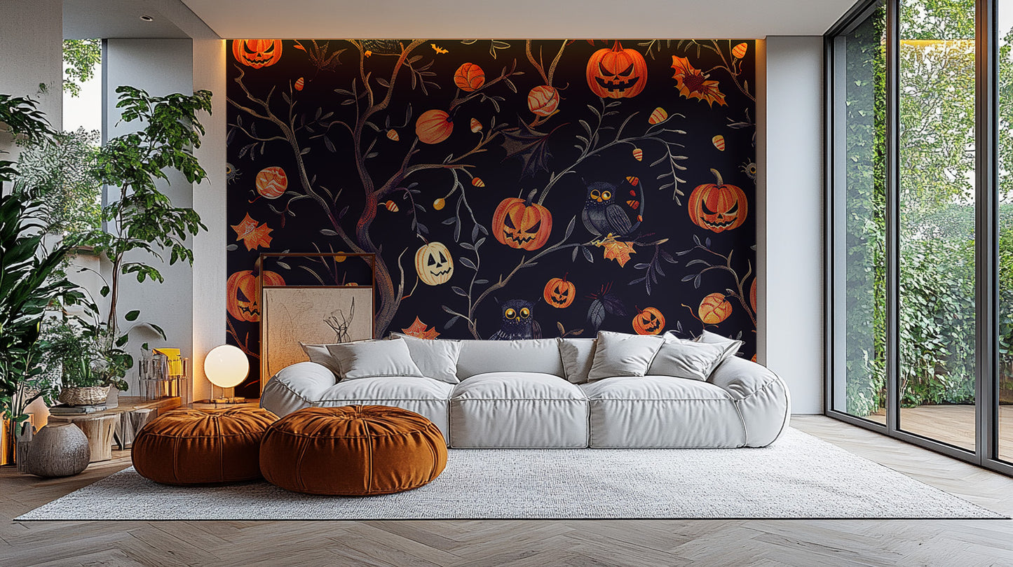 Self adhesive Halloween pumpkins owls wall mural in a modern lounge area, showcasing a bold and vibrant spooky pattern.