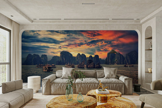 A beautiful Halong Bay wallpaper mural with a sunset sky.

