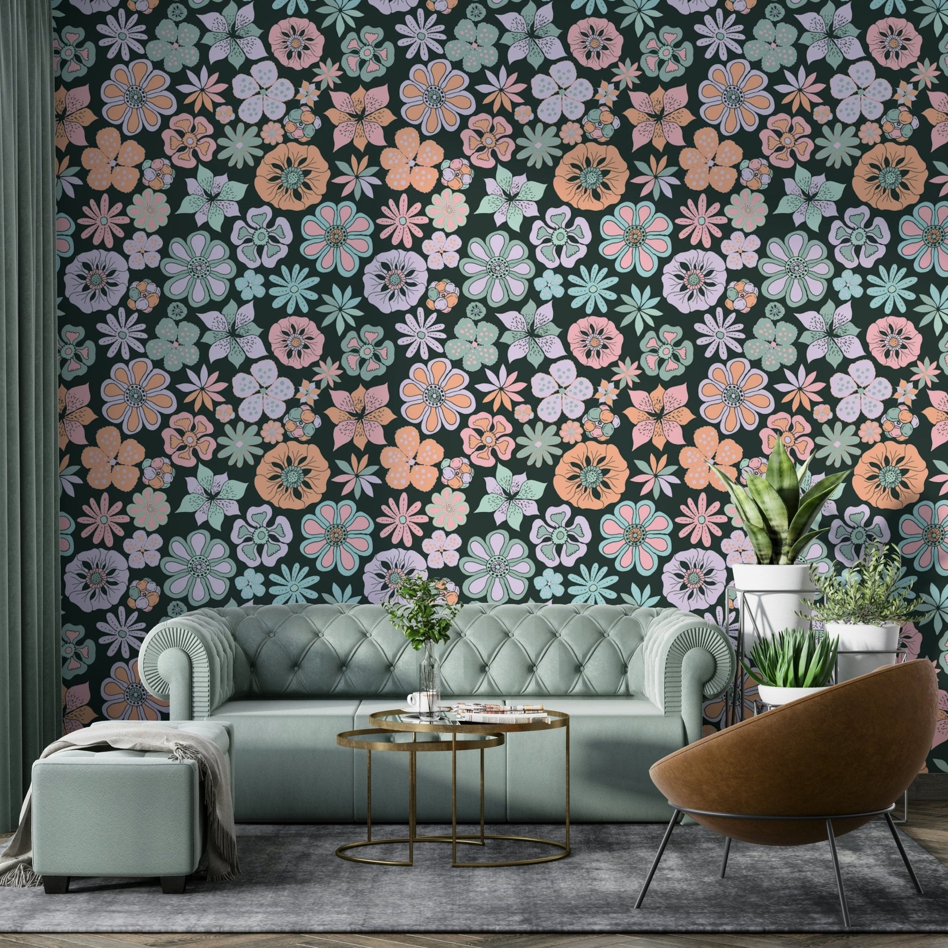 Hand Drawn Garden Flowers mural for a living room.

