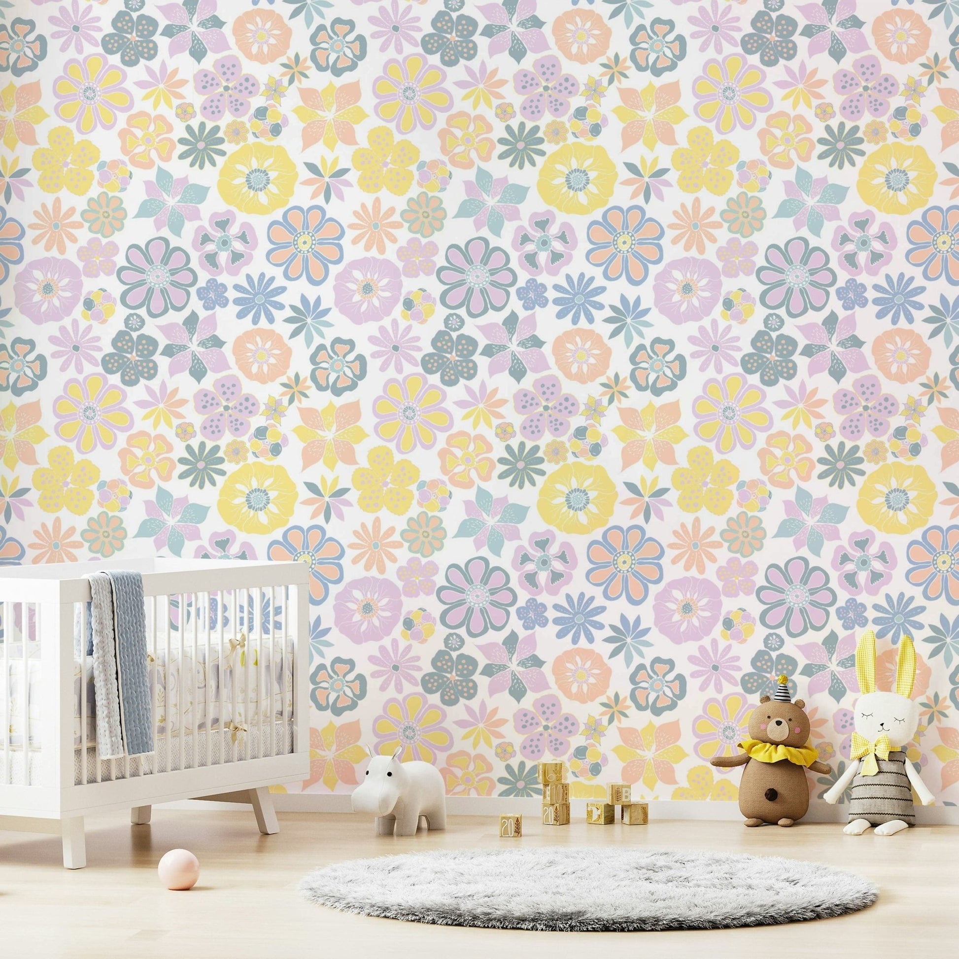 Wallpaper with a whimsical, hand-drawn floral design.

