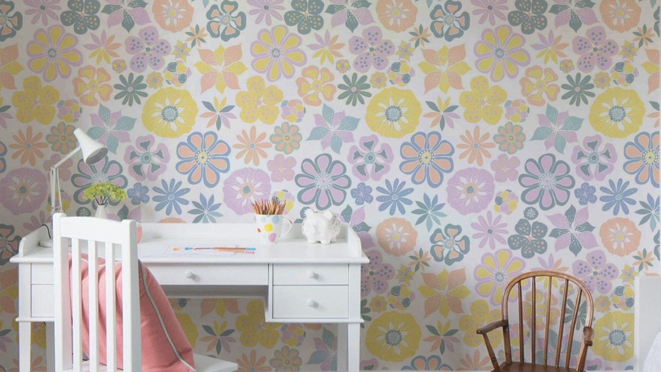 Hand Drawn Garden Flowers Yellow Blue Wallpaper.

