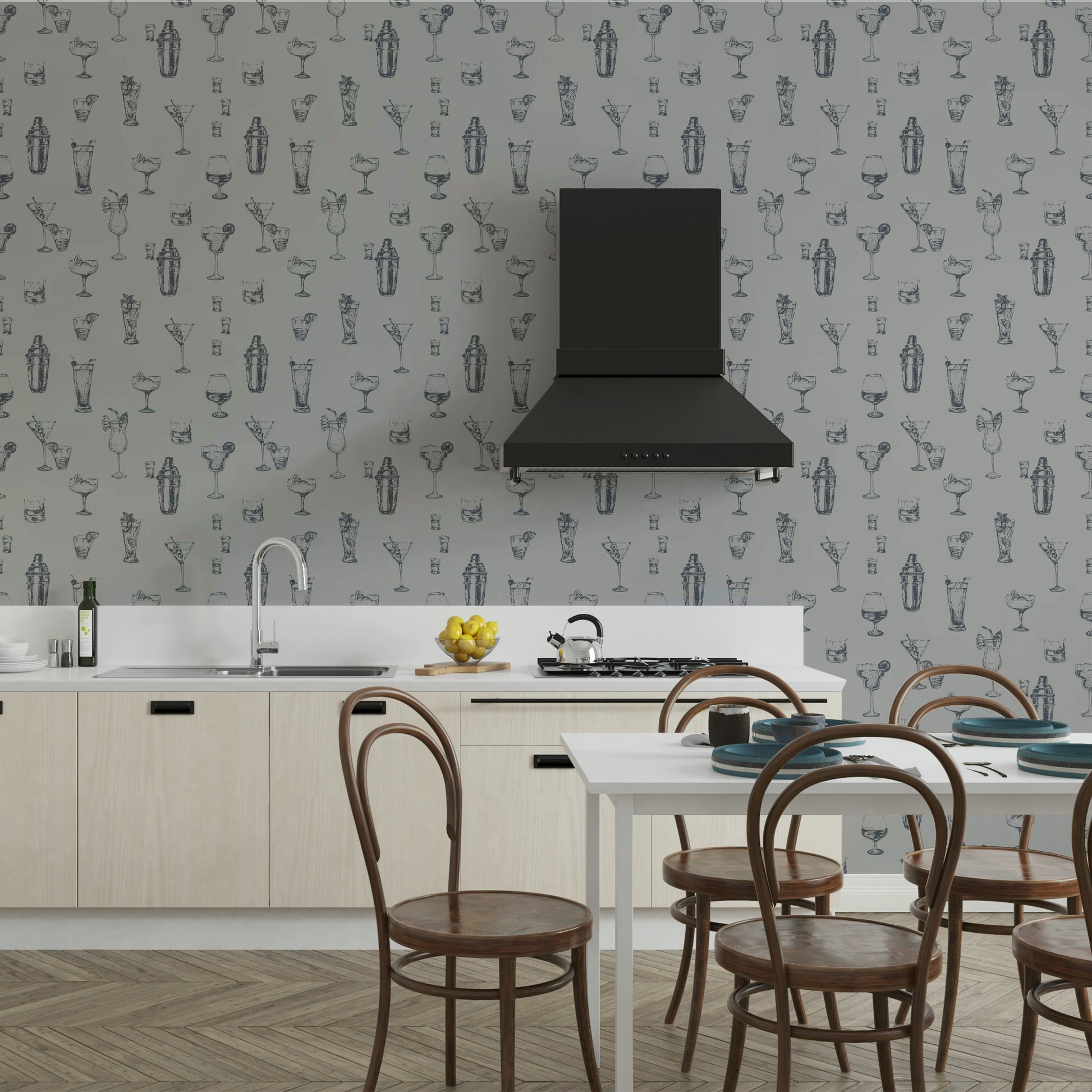 Bar wallpaper featuring hand-sketched drink designs

