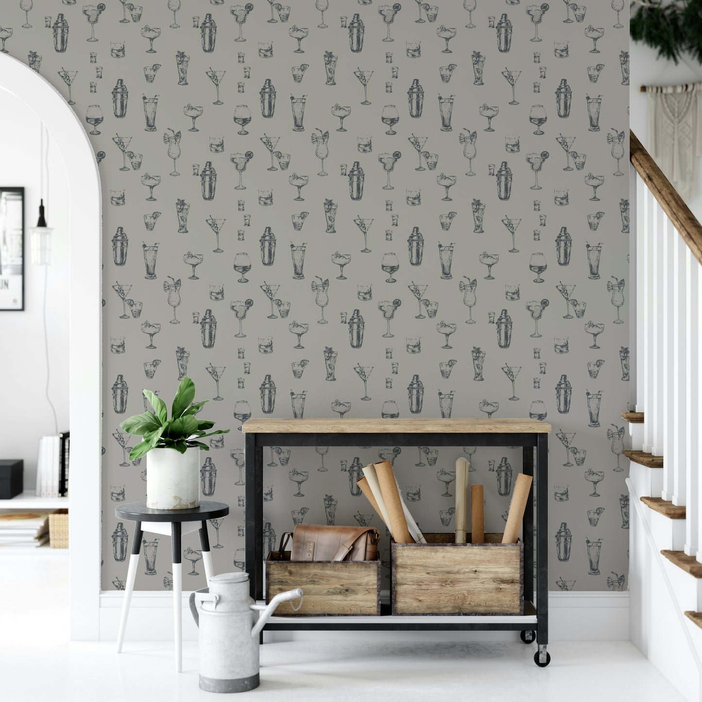 Hand-drawn alcohol bottles wallpaper for bar areas

