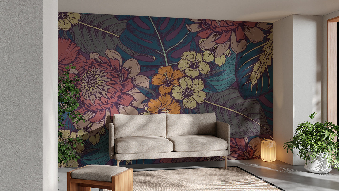 Hand Drawn Tropical Flowers Wallpaper Murals - Giffywalls