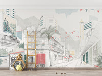 Hand-Drawn Urban Cityscape Mural