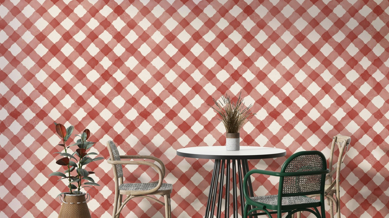 Bold red gingham pattern with a hand-painted finish

