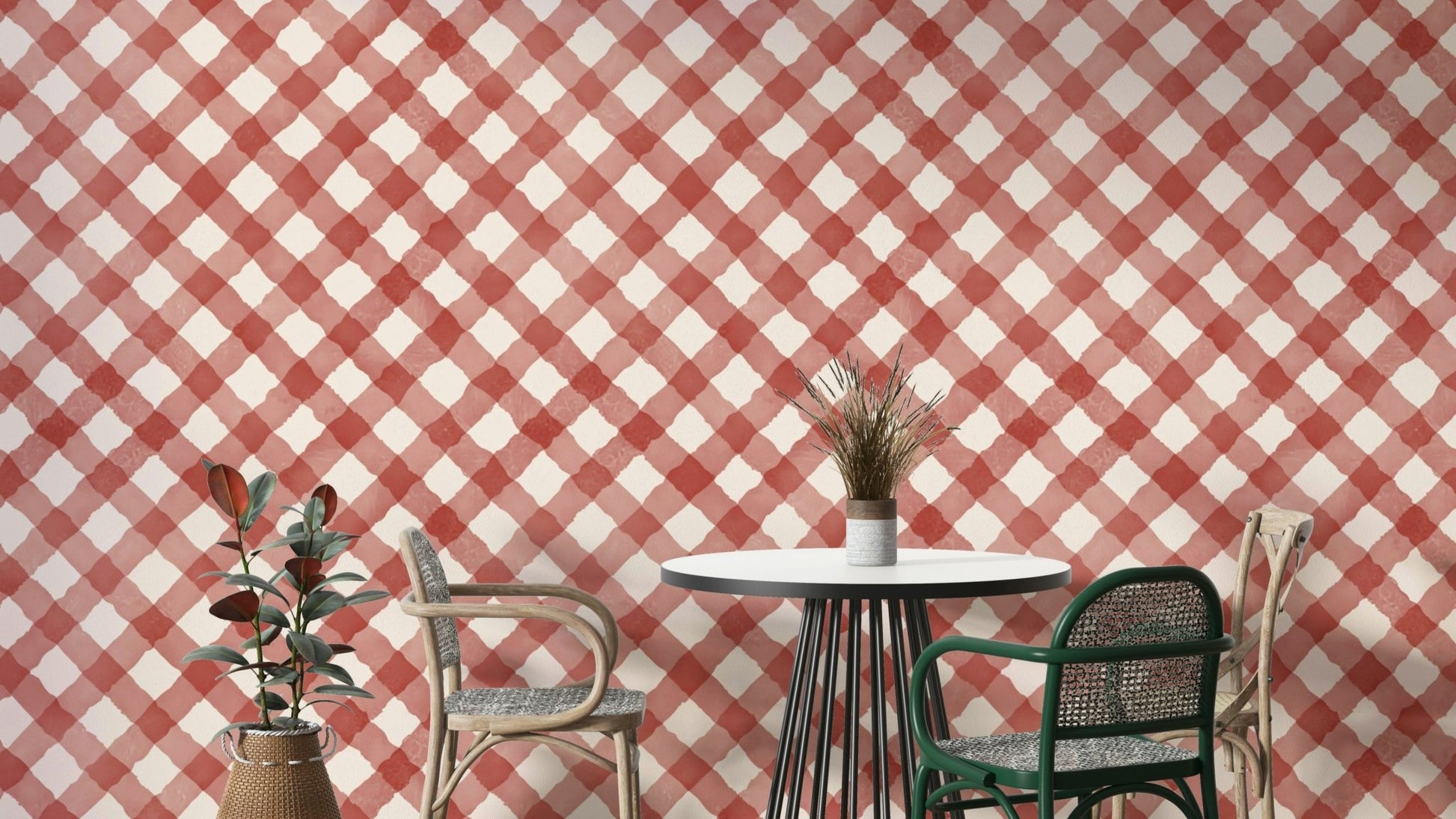 Bold red gingham pattern with a hand-painted finish

