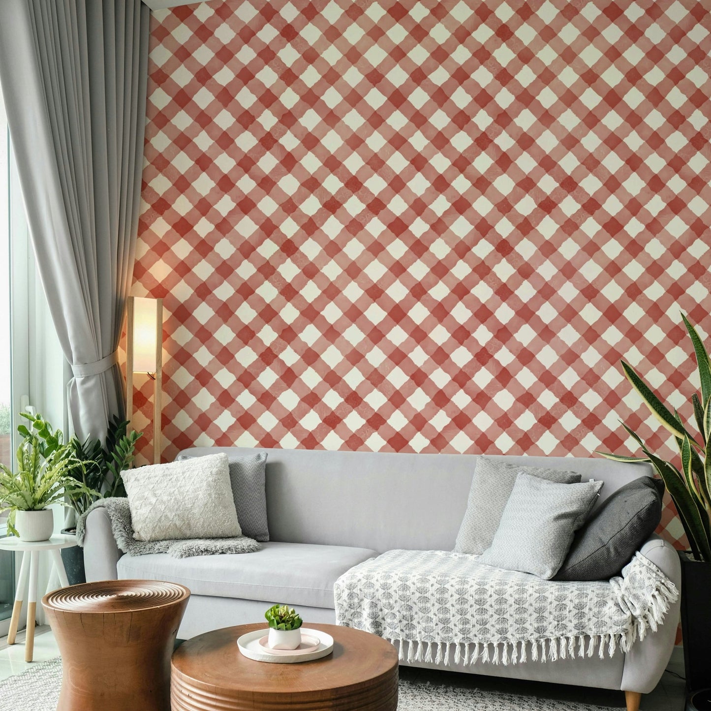 Hand-painted red gingham wallpaper for a festive touch

