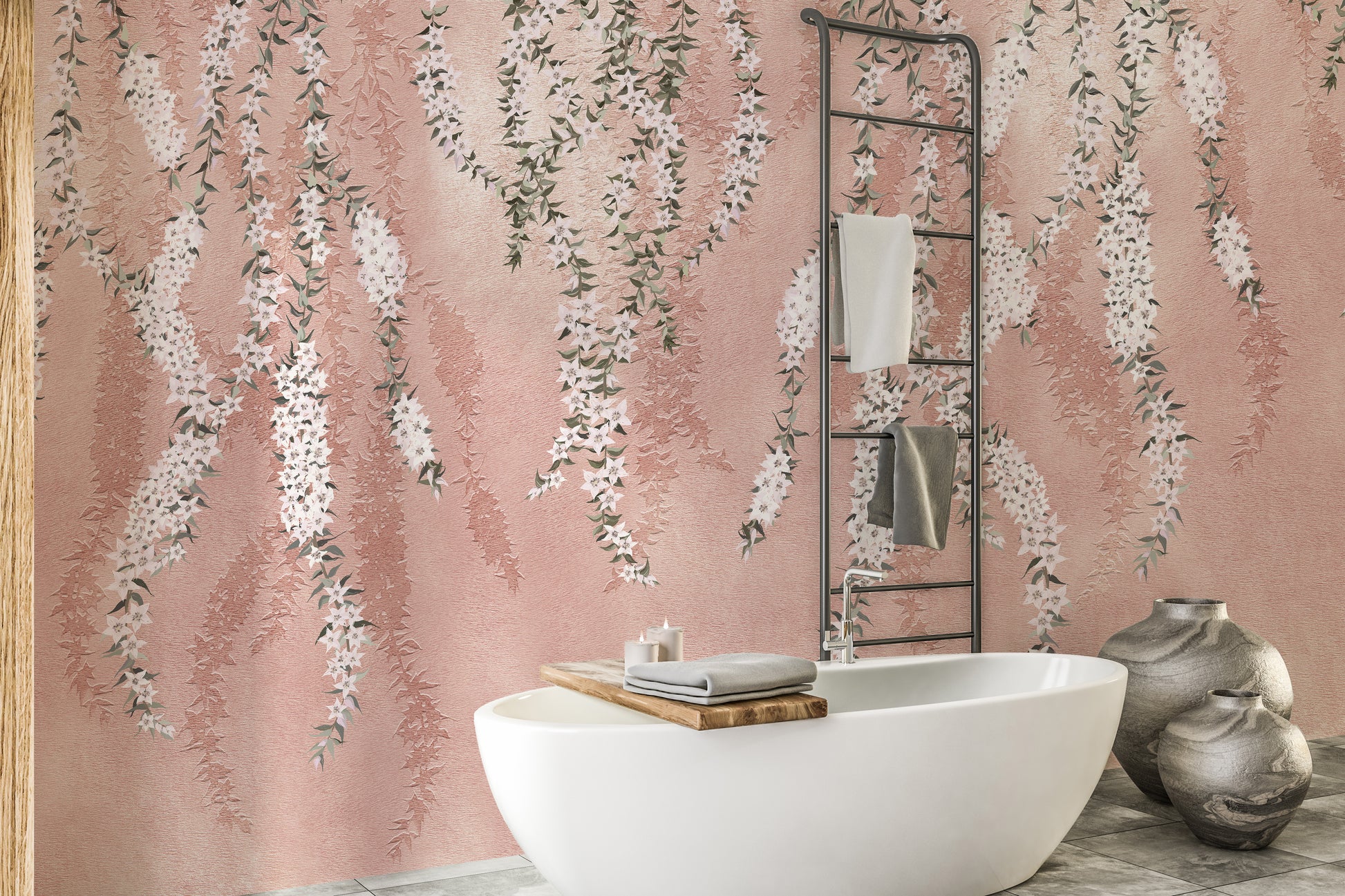 Hanging flower mural in soft pink tones