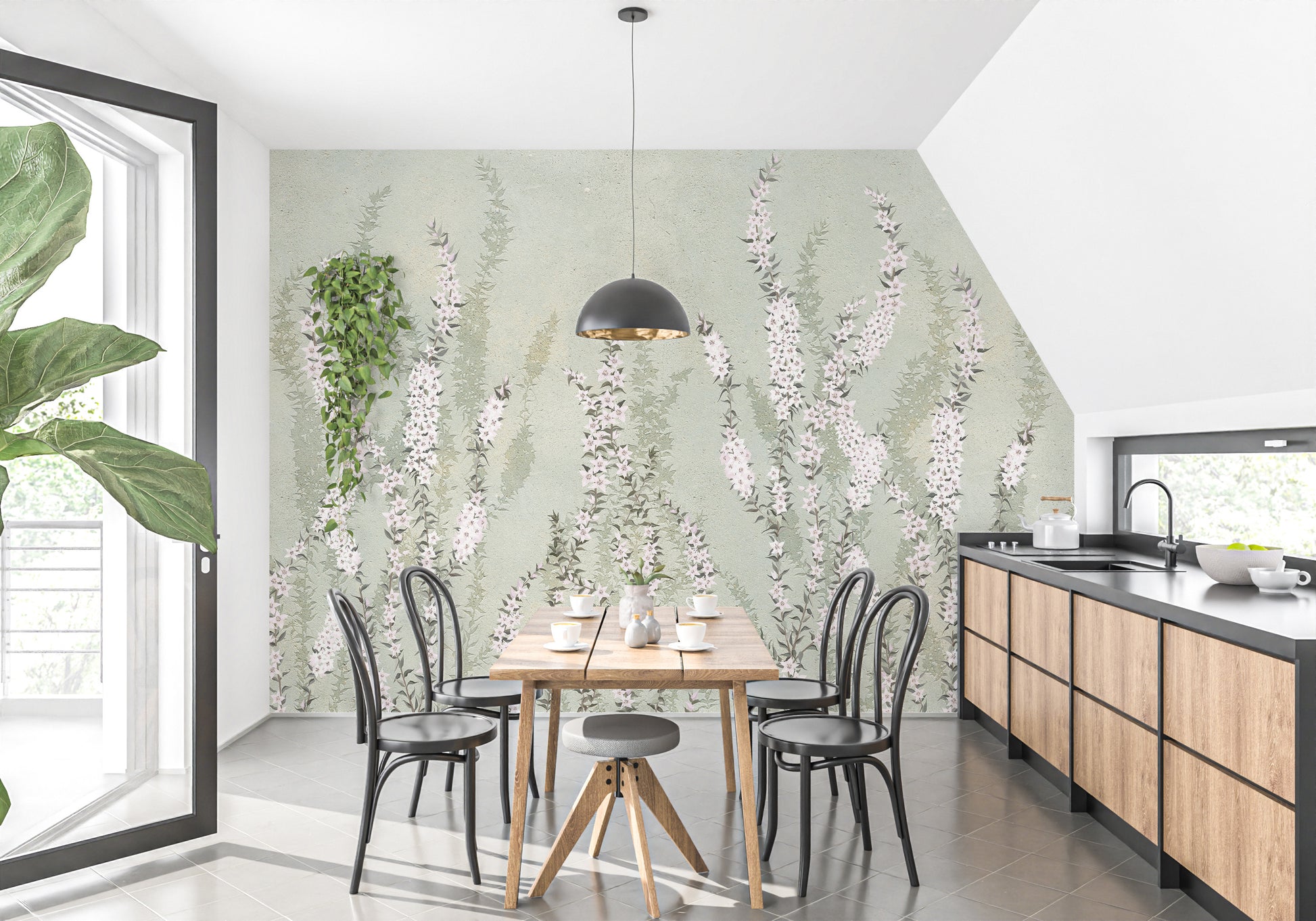 Hanging Flower on Green wallpaper mural with climbing pink blooms in a kitchen with black bentwood chairs and wood cabinets