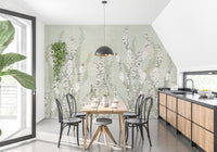 Hanging Flower on Green wallpaper mural with climbing pink blooms in a kitchen with black bentwood chairs and wood cabinets