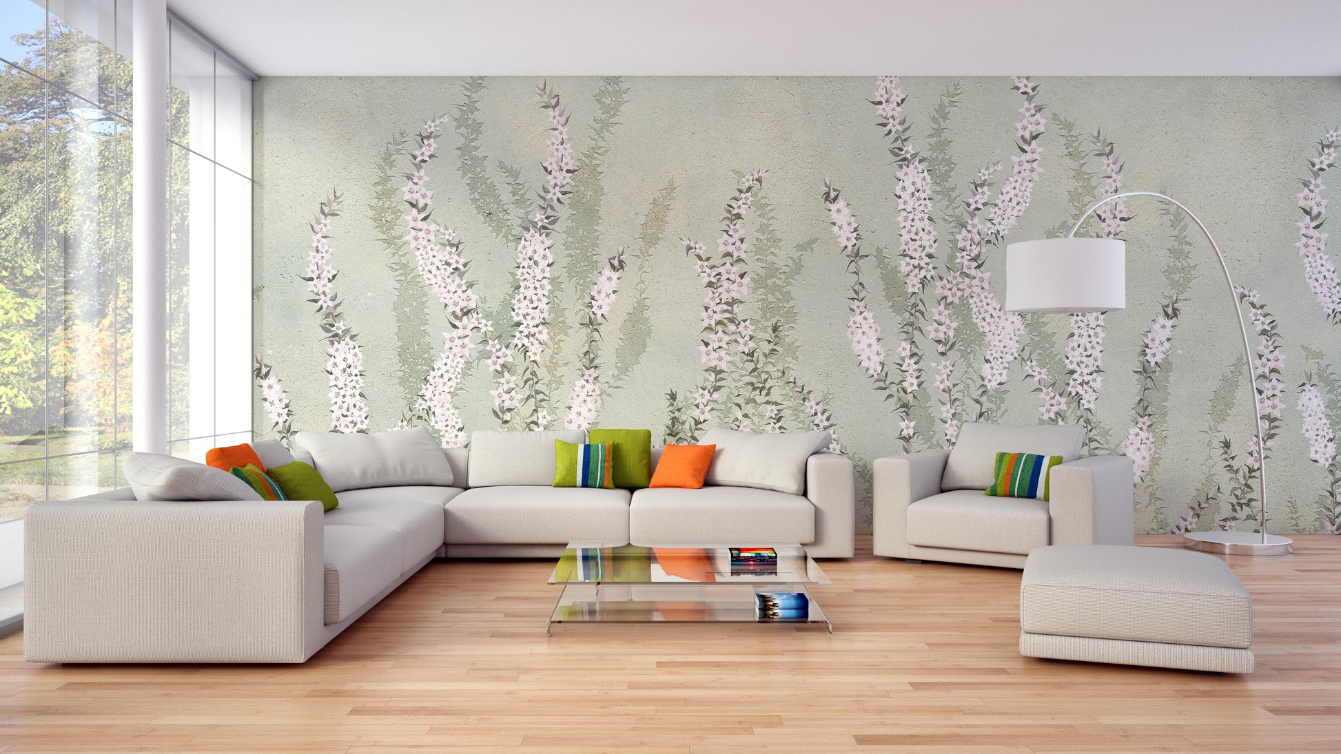 Hanging Flower on Green wallpaper mural with pink blossom spikes on sage green behind a beige sectional and arc lamp