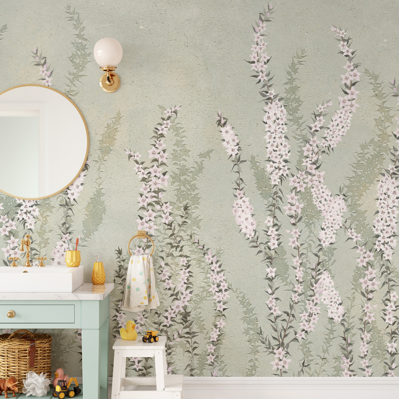 Floral elegance with green wallpaper mural