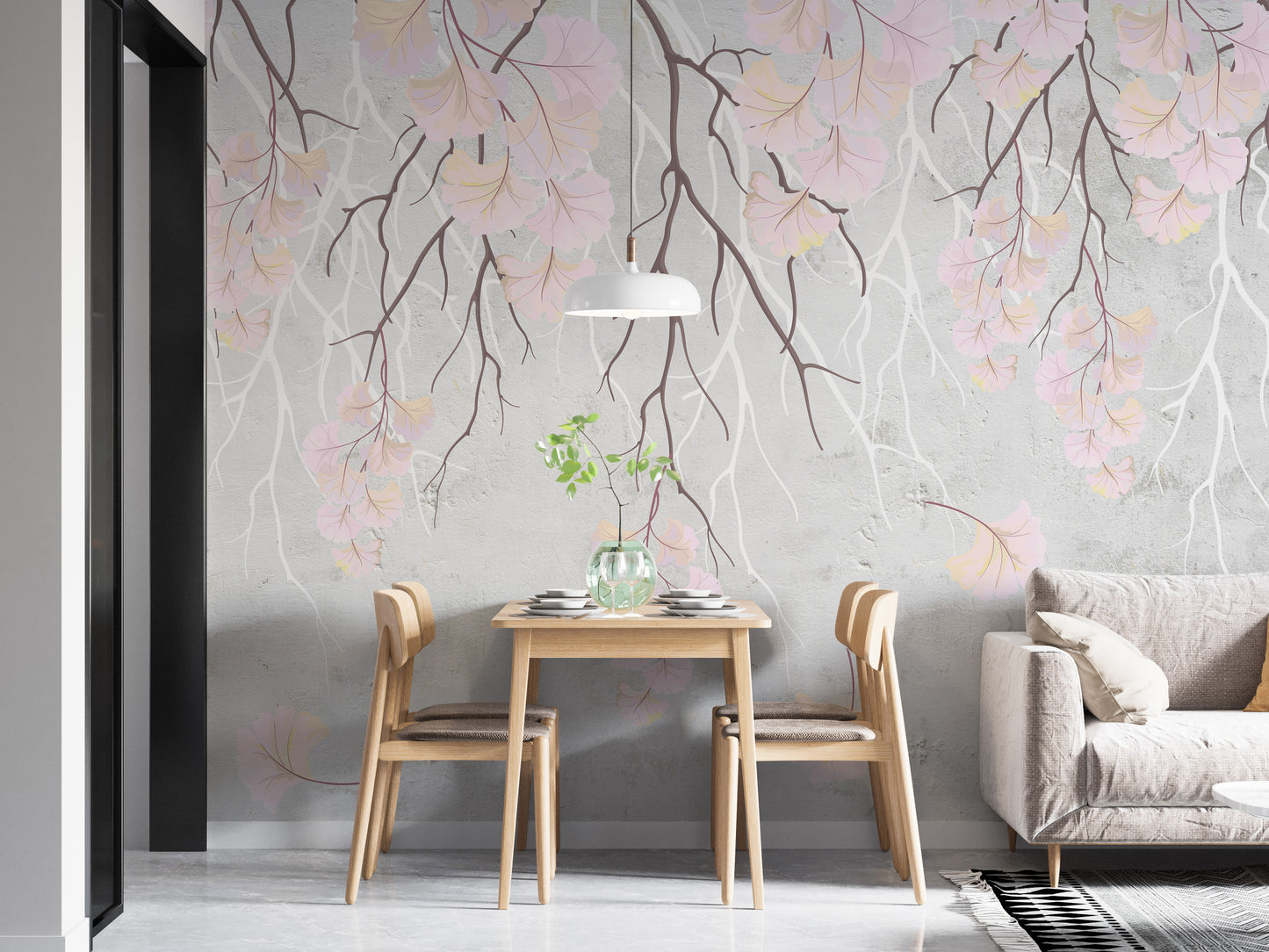 Hanging pink flowers wallpaper mural with pink cascading blooms on grey behind a wood dining table and pendant lamp