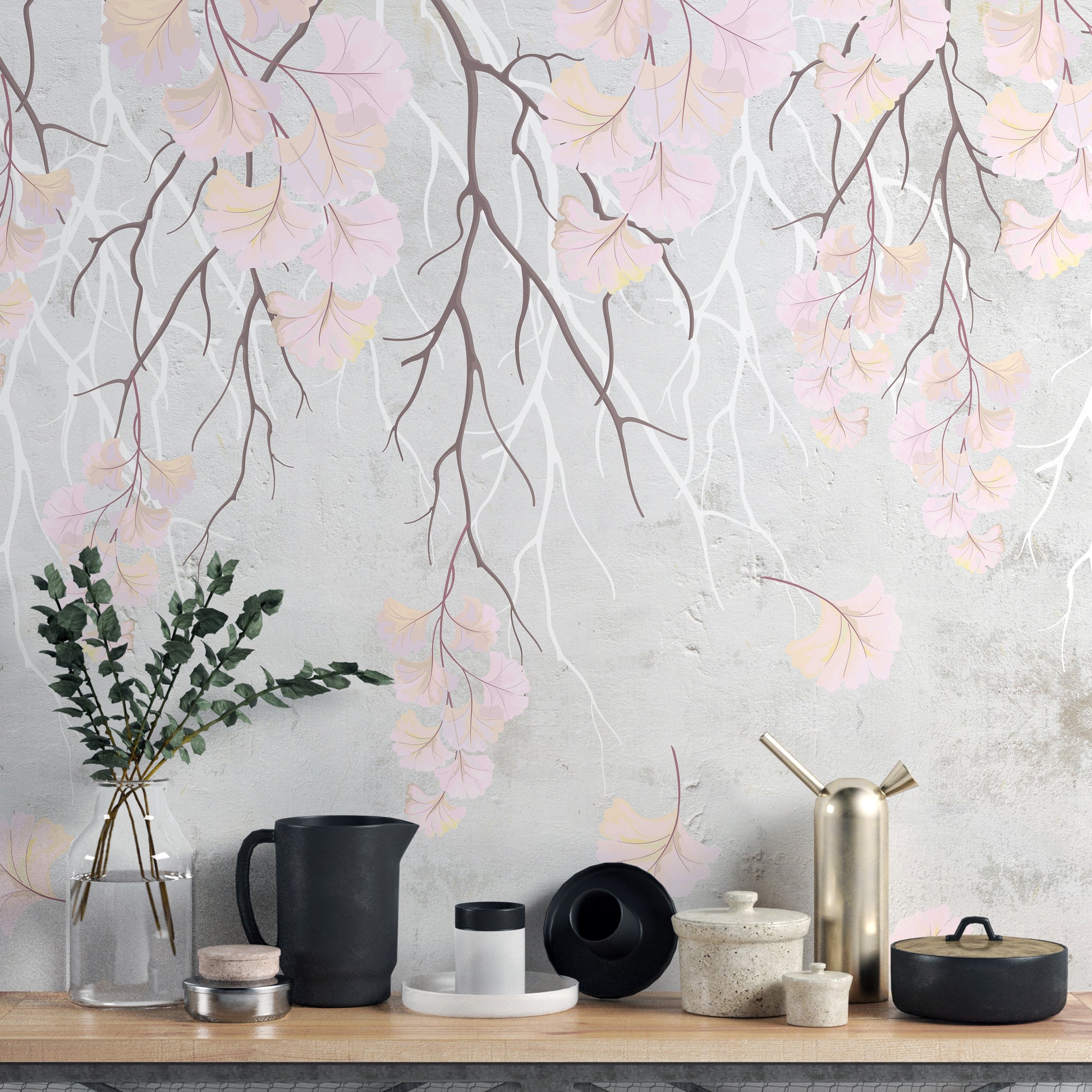 Hanging pink flowers wallpaper mural close-up of pink blooms on grey above a shelf with black and brass vessels