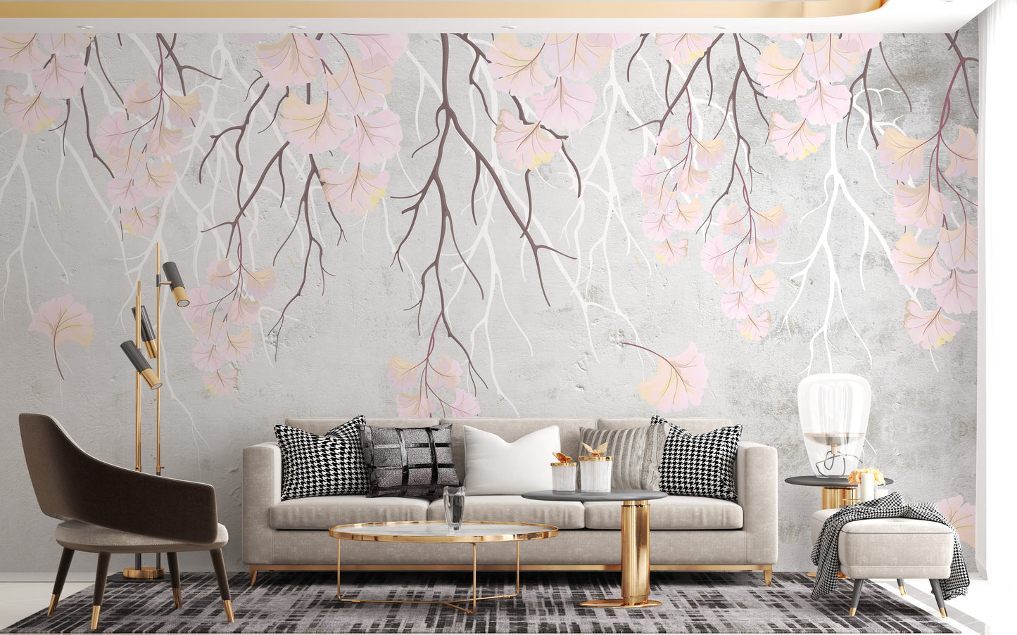 Hanging pink flowers wallpaper mural in pink and grey behind a beige sofa and gold table in a living room