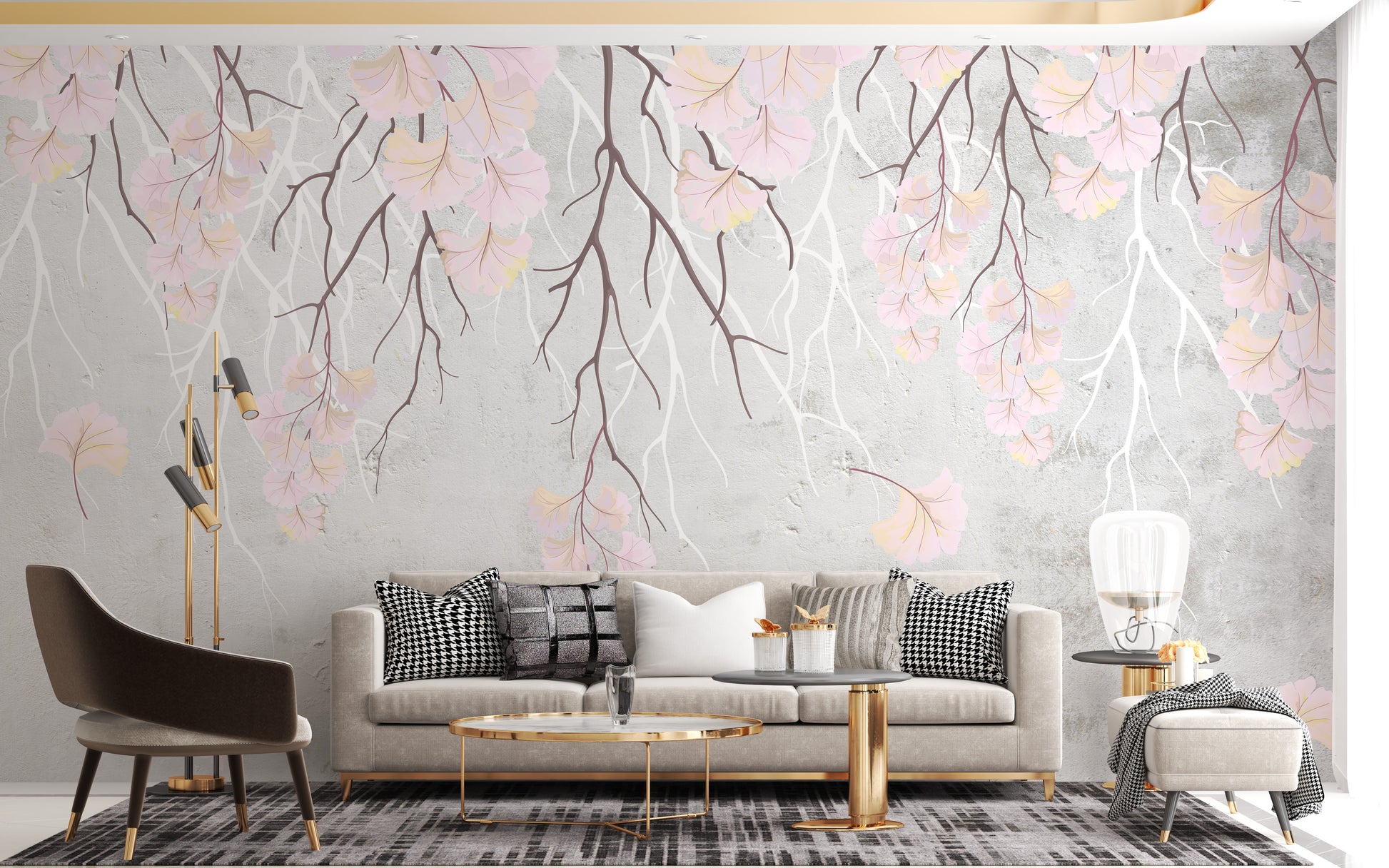 Hanging pink flowers wallpaper mural in pink and grey behind a beige sofa and gold table in a living room