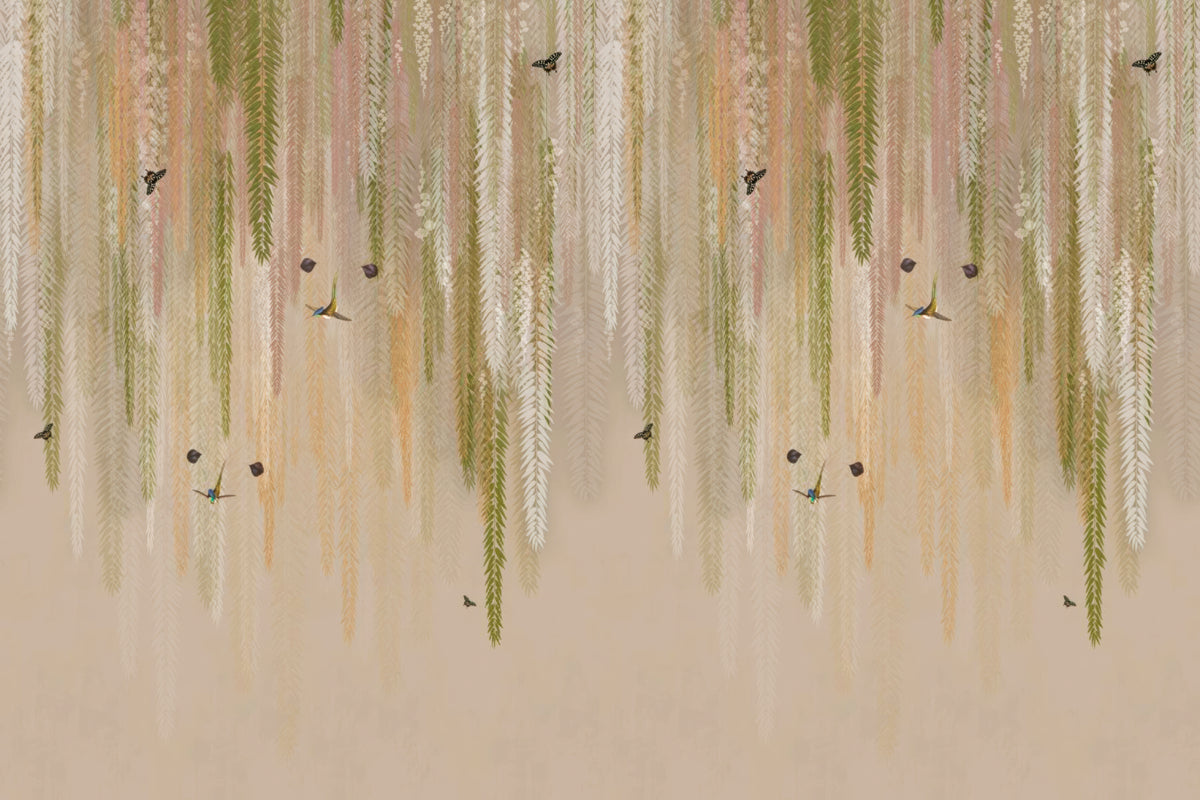 Hanging Wisteria wallpaper mural with cascading green and peach fronds and birds shown as a full-wall mural