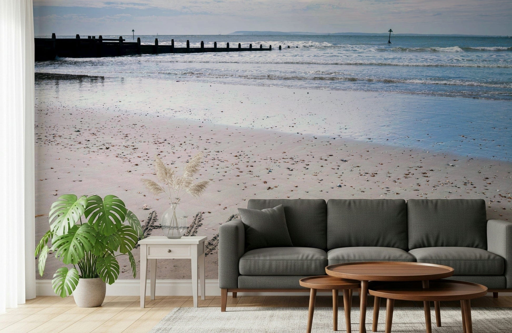 Clear water and sky Happy Beach mural promoting cheerfulness.