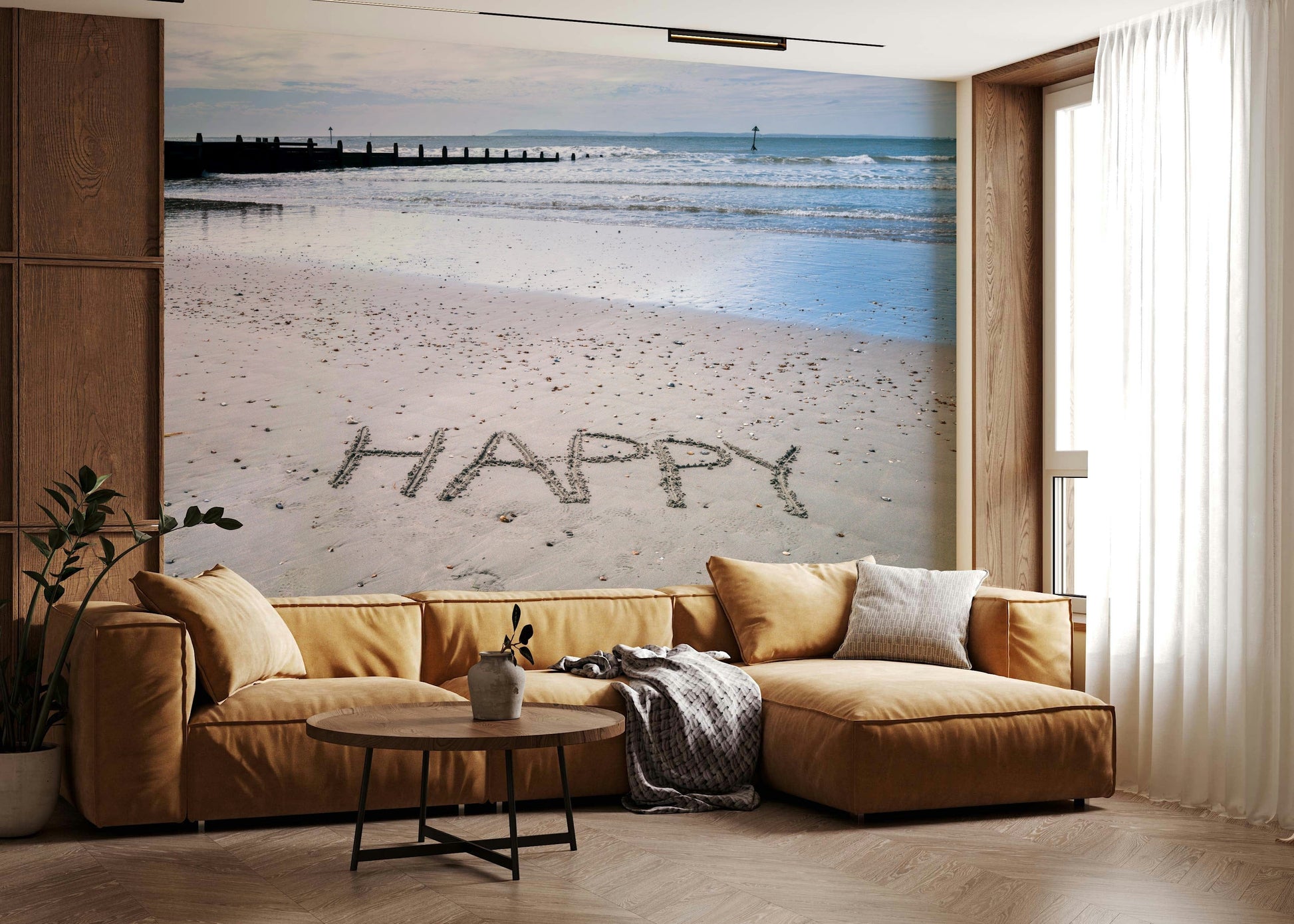 Encouraging word Happy Beach wallpaper serene coastal image.