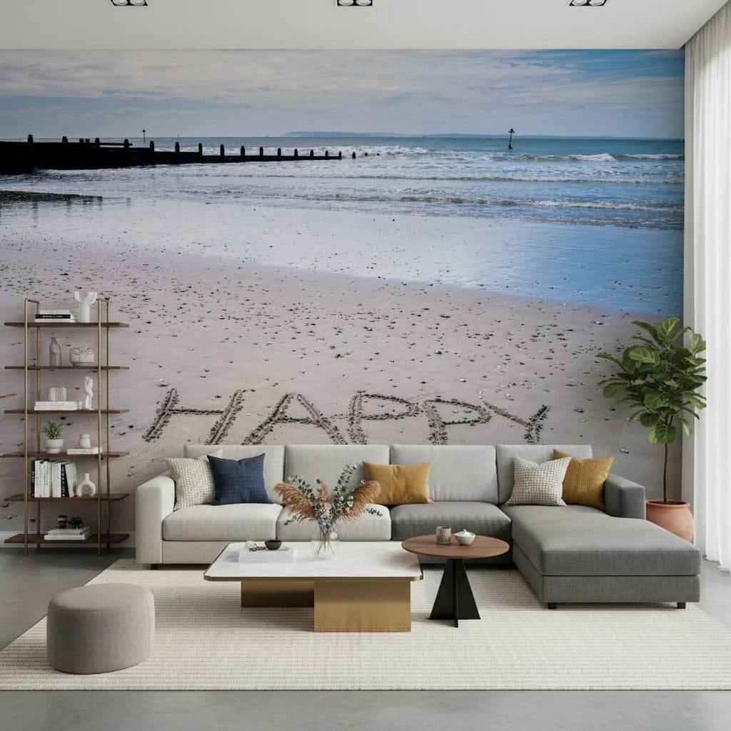 Beach scene with word Happy Beach wallpaper joyous feeling.
