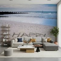 Beach scene with word Happy Beach wallpaper joyous feeling.