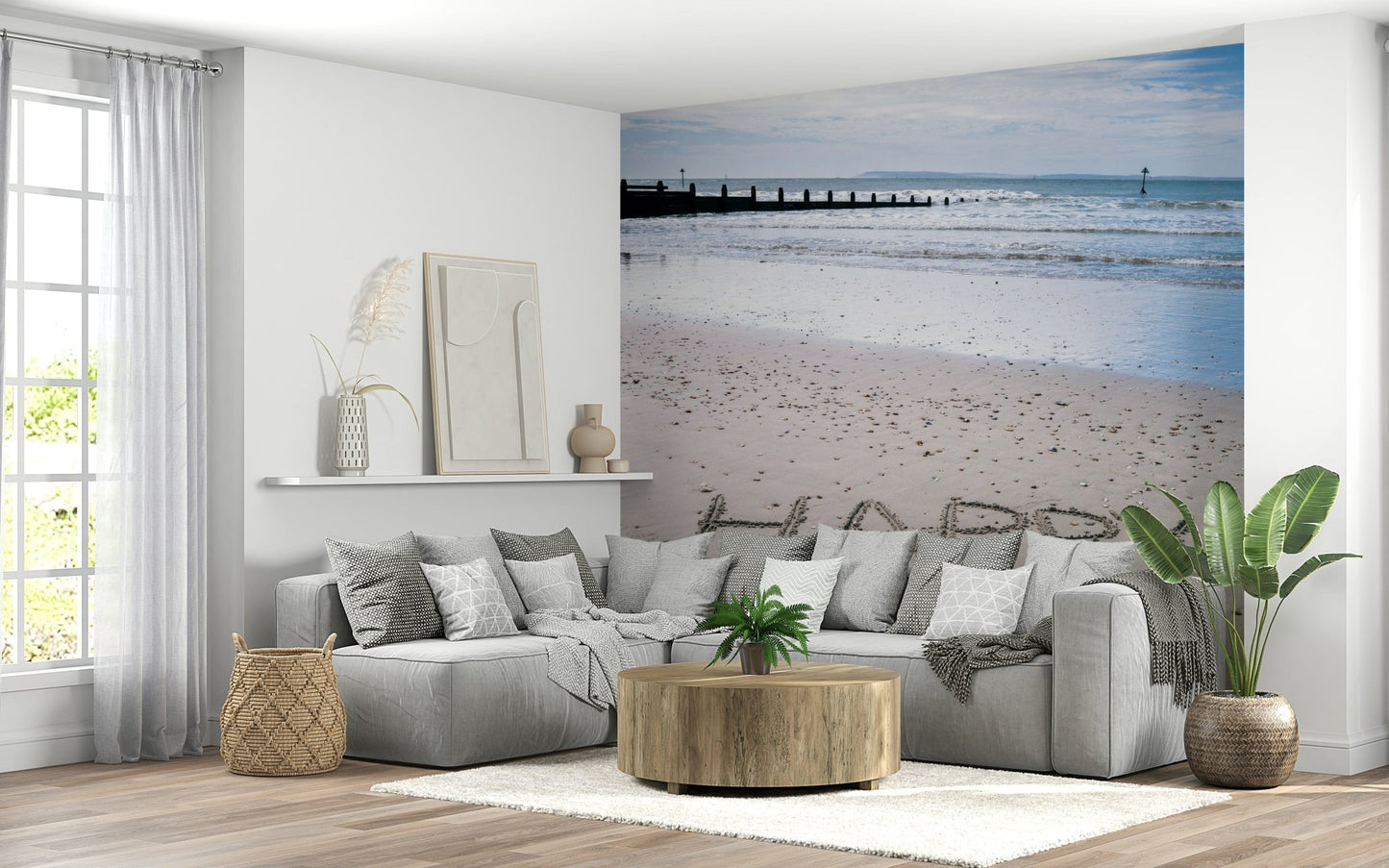 Simple writing in sand Happy Beach wallpaper motivational design.