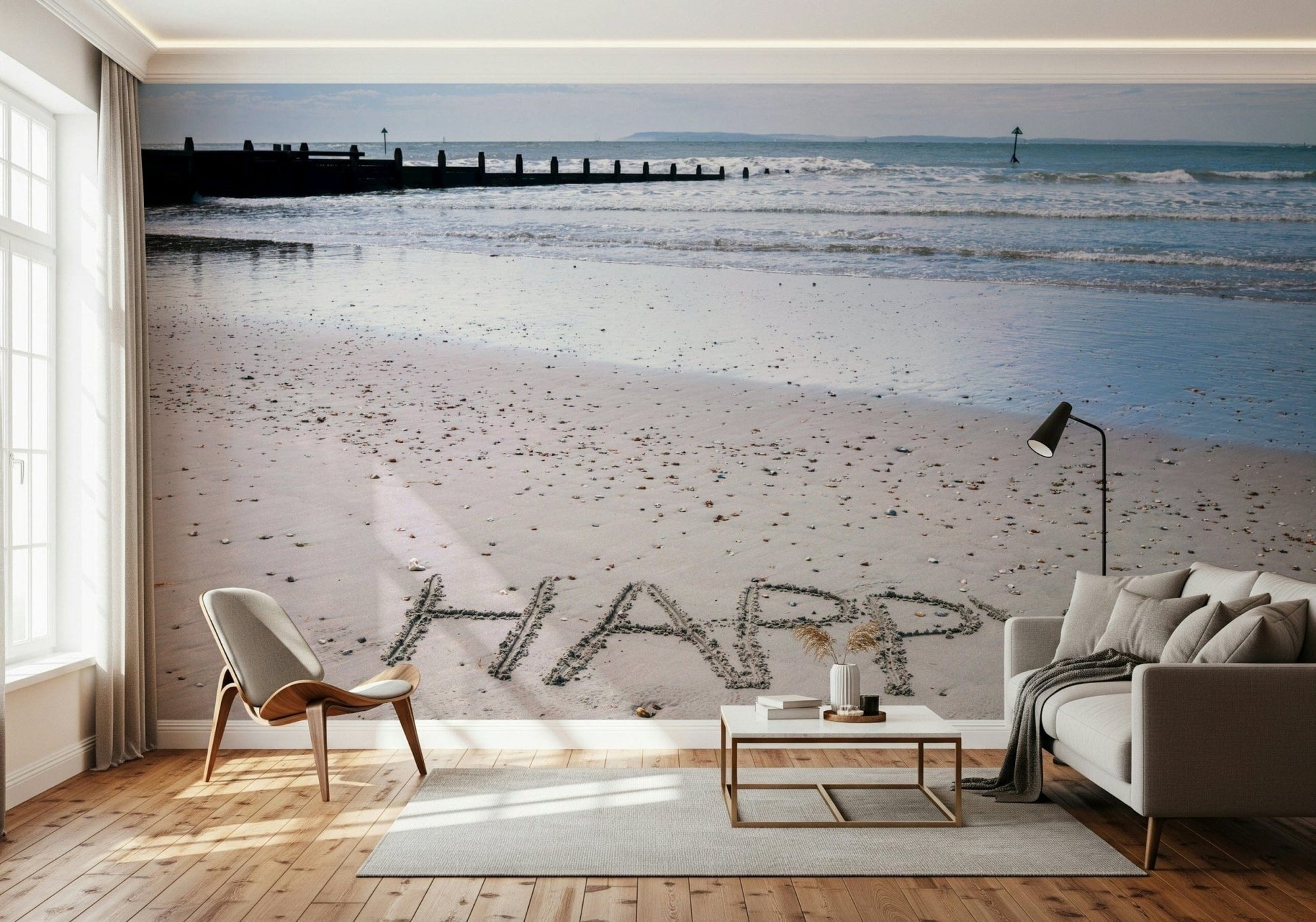 Wide open space Happy Beach mural evoking delight.