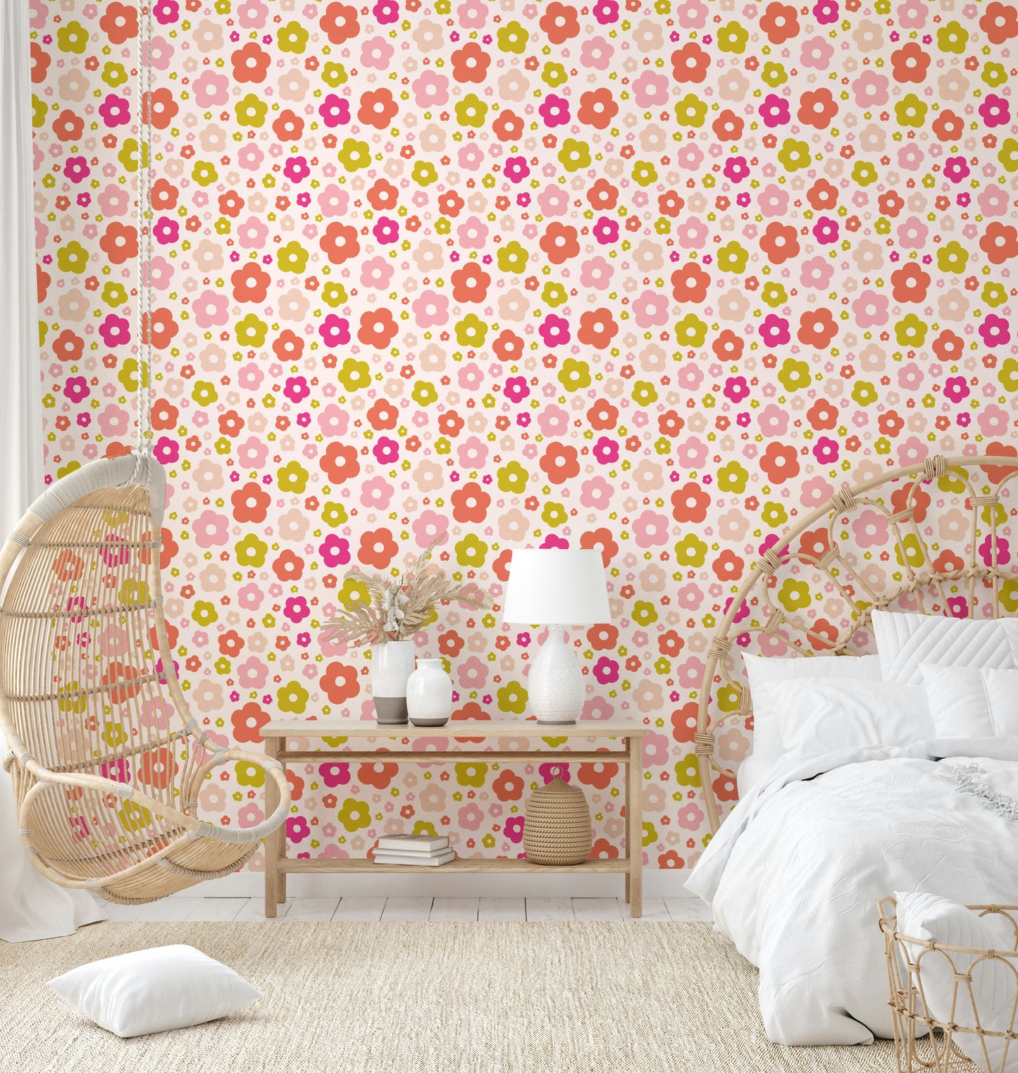 Whimsical daisy flower wallpaper in soft pastels


