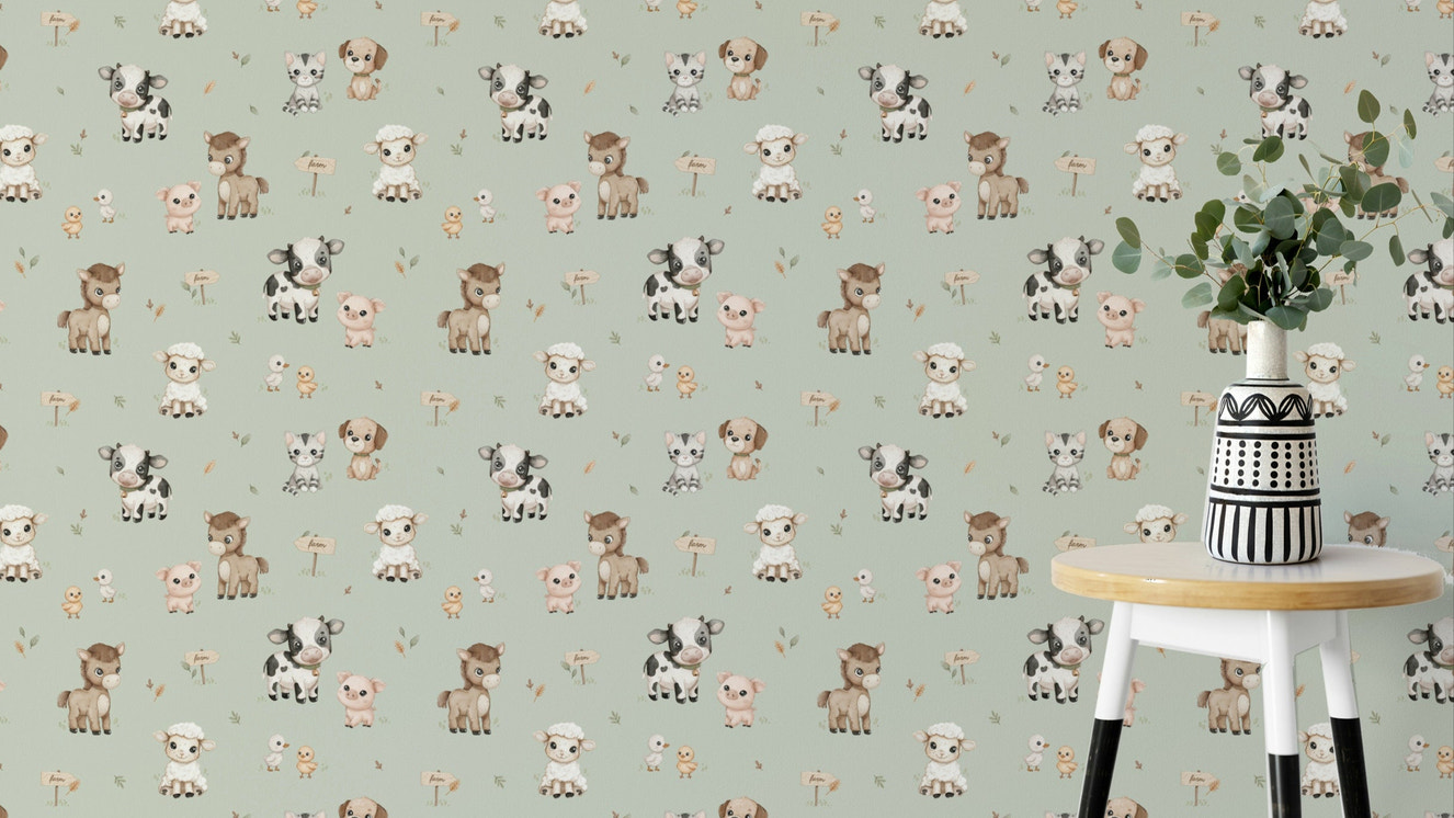 Happy Farmtime wallpaper with cute animals in mint

