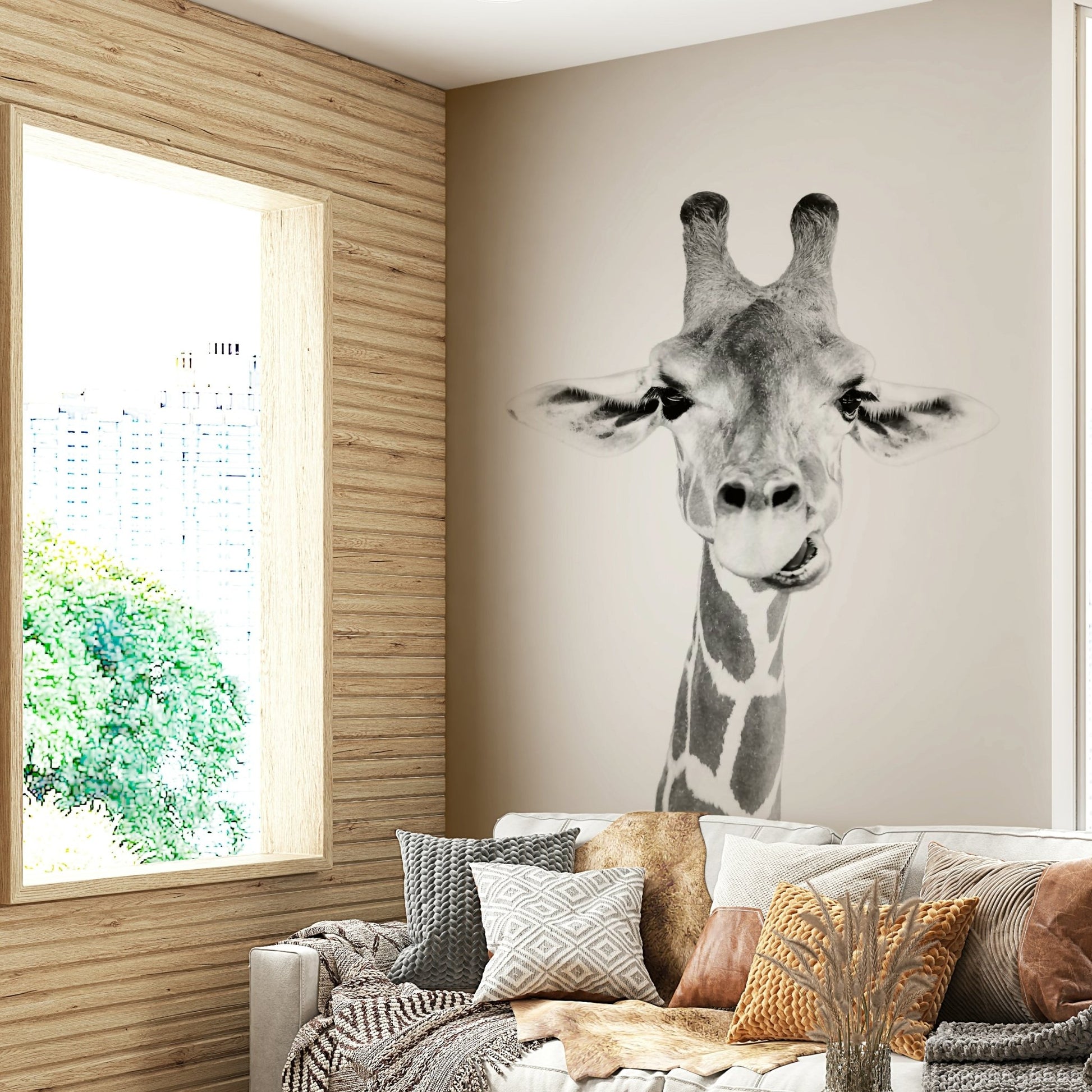 Focus on the giraffe's face, patterns, and long neck.

