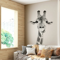 Focus on the giraffe's face, patterns, and long neck.

